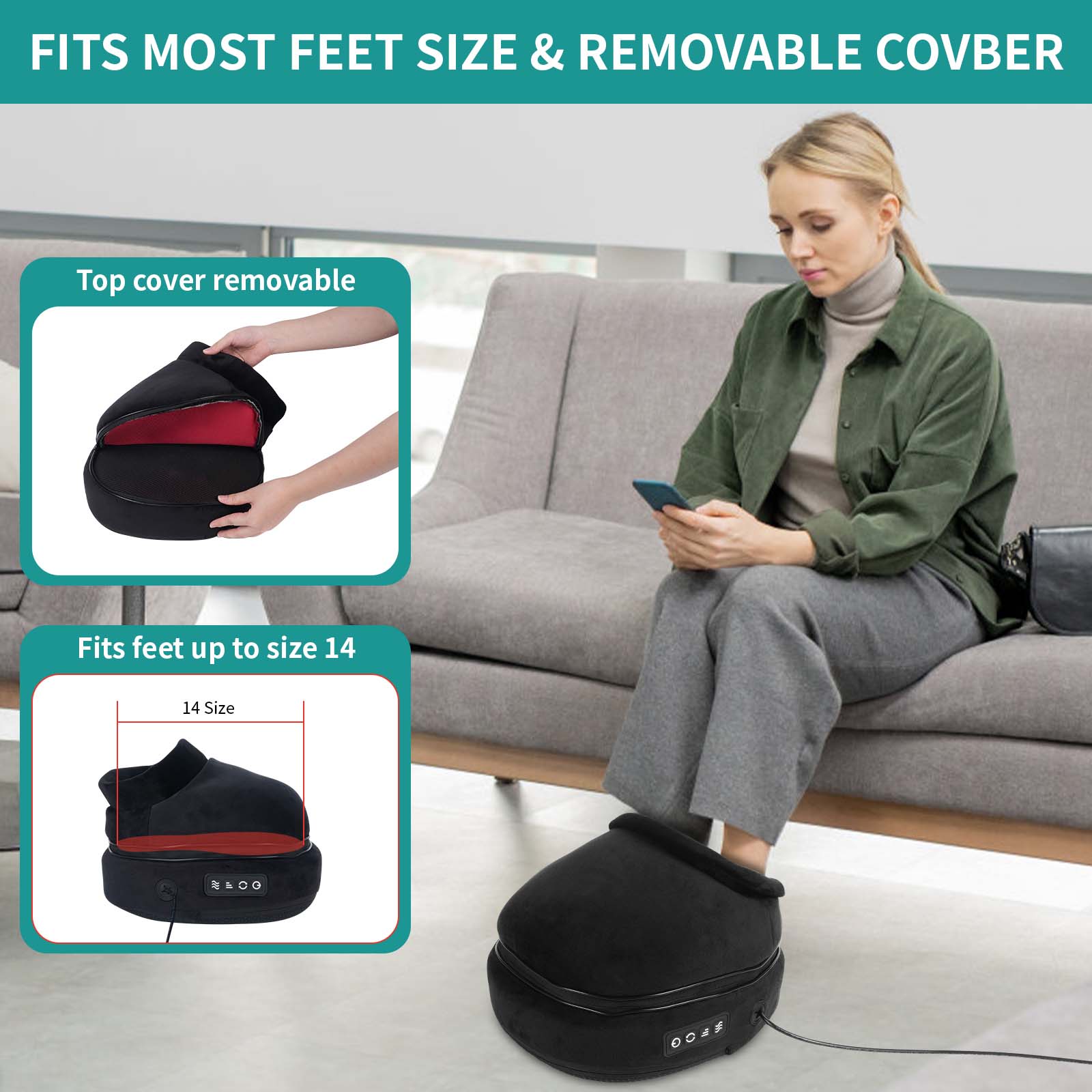 Foot Massager with Heat, Removable Top Cover for Calf, Back and Foot Massage, Fits Feet up to Size 14, Black