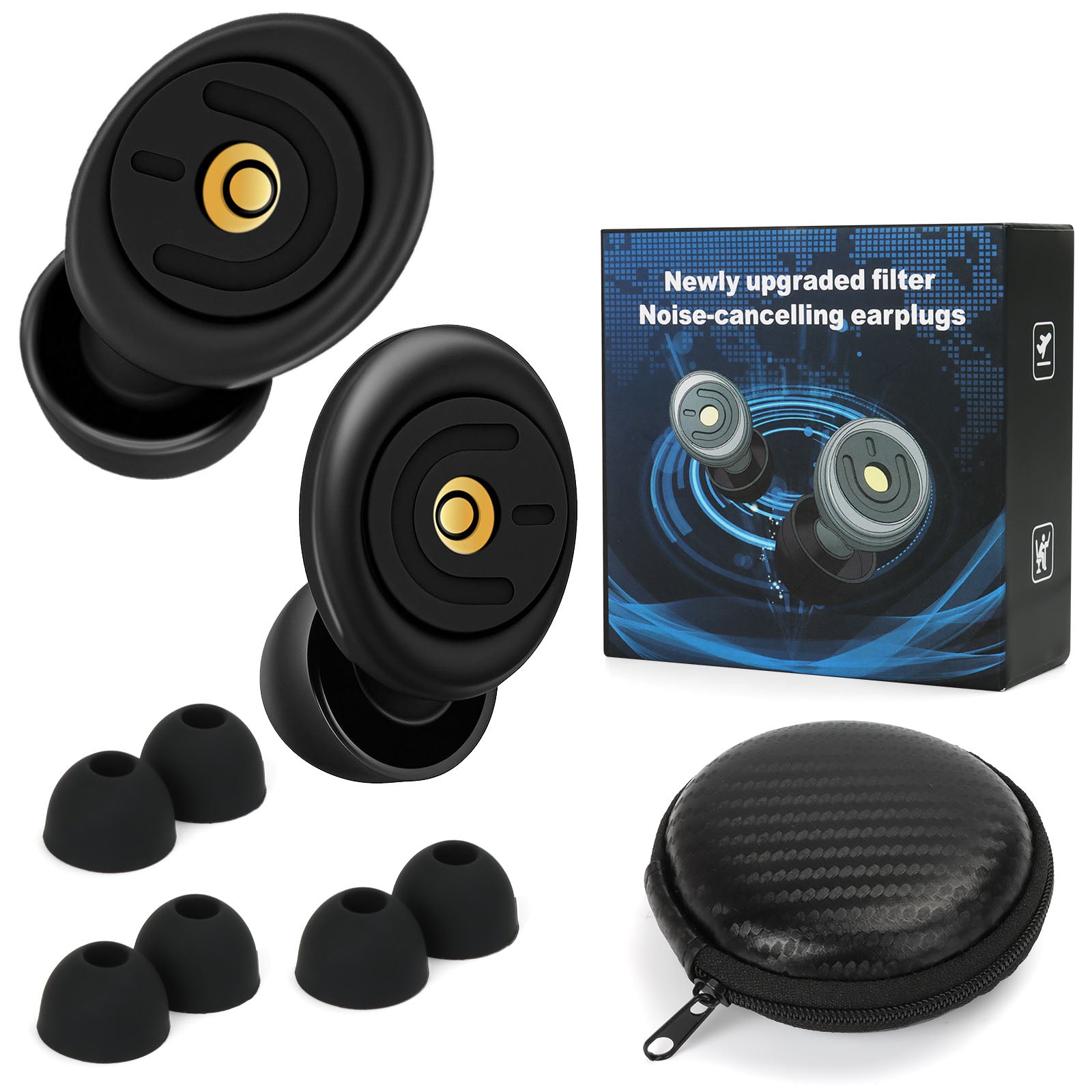 Ear Plugs, 3 Sizes Ear Plugs for Noise Reduction, Ear Protection, Reusable Silicone Ear Plugs, 25-45 db Noise Reduction, Earplugs for Sleeping, Working, Concertsing, Black