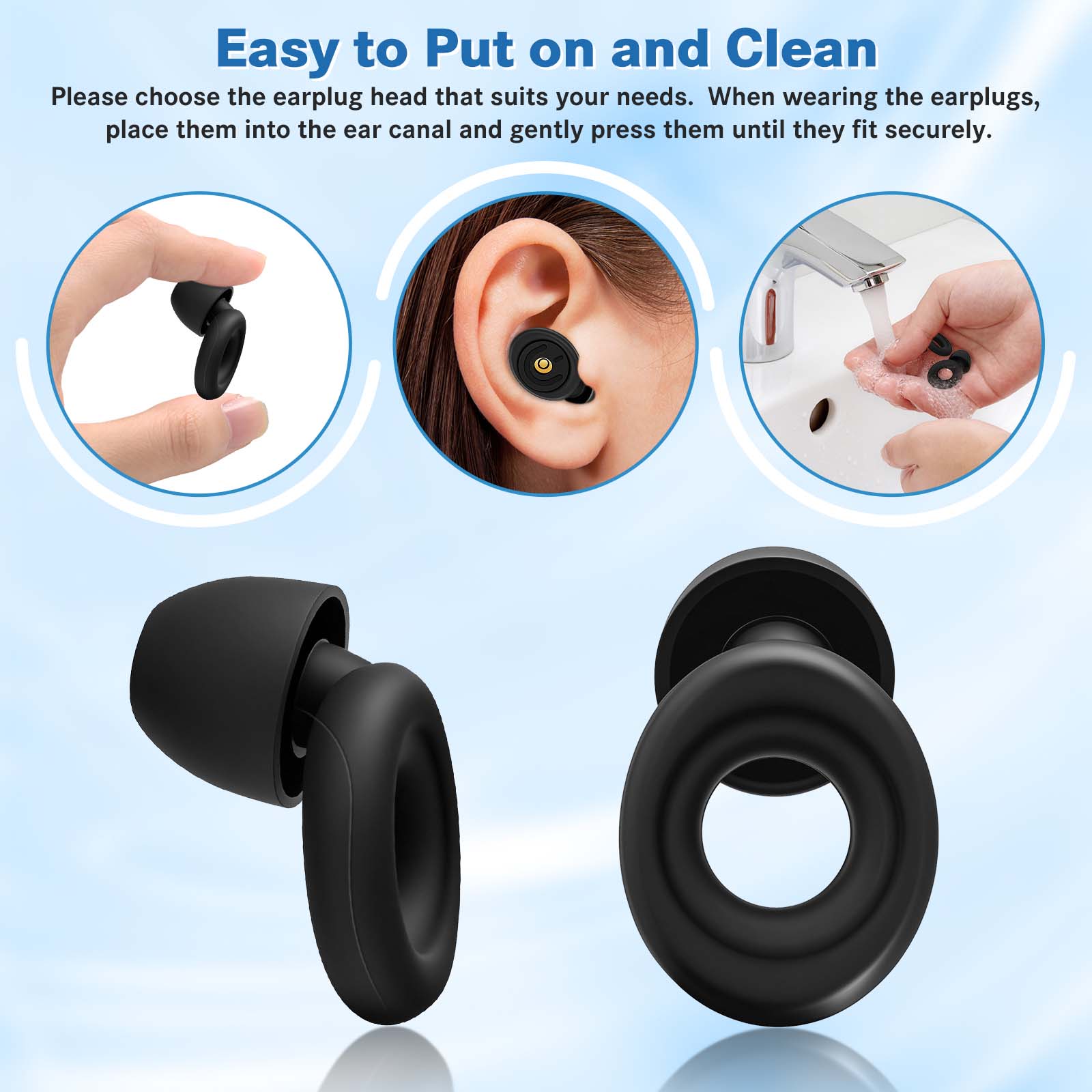 Ear Plugs, 3 Sizes Ear Plugs for Noise Reduction, Ear Protection, Reusable Silicone Ear Plugs, 25-45 db Noise Reduction, Earplugs for Sleeping, Working, Concertsing, Black